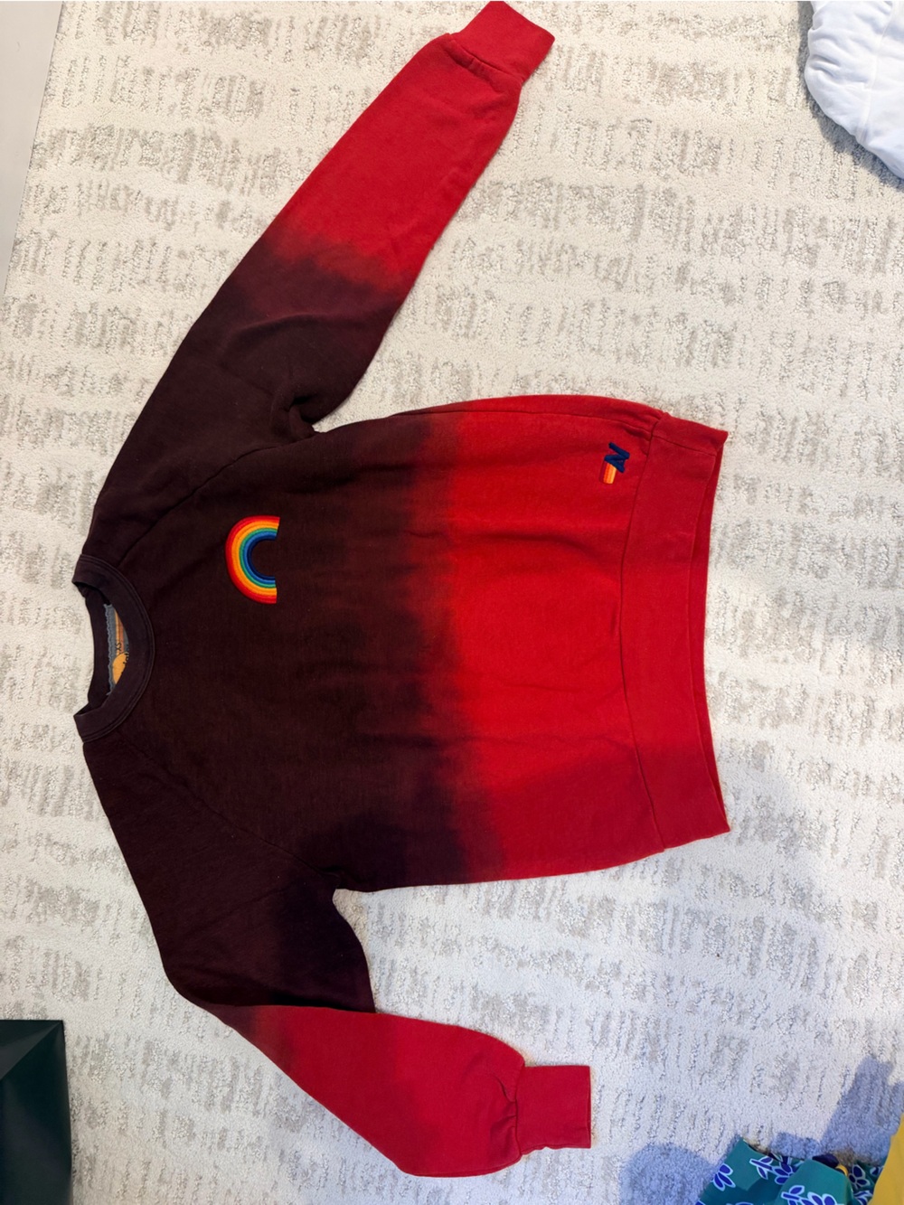 Aviator Nation Red to Burgundy Ombre Crewneck Sweatshirt with Rainbow Patch